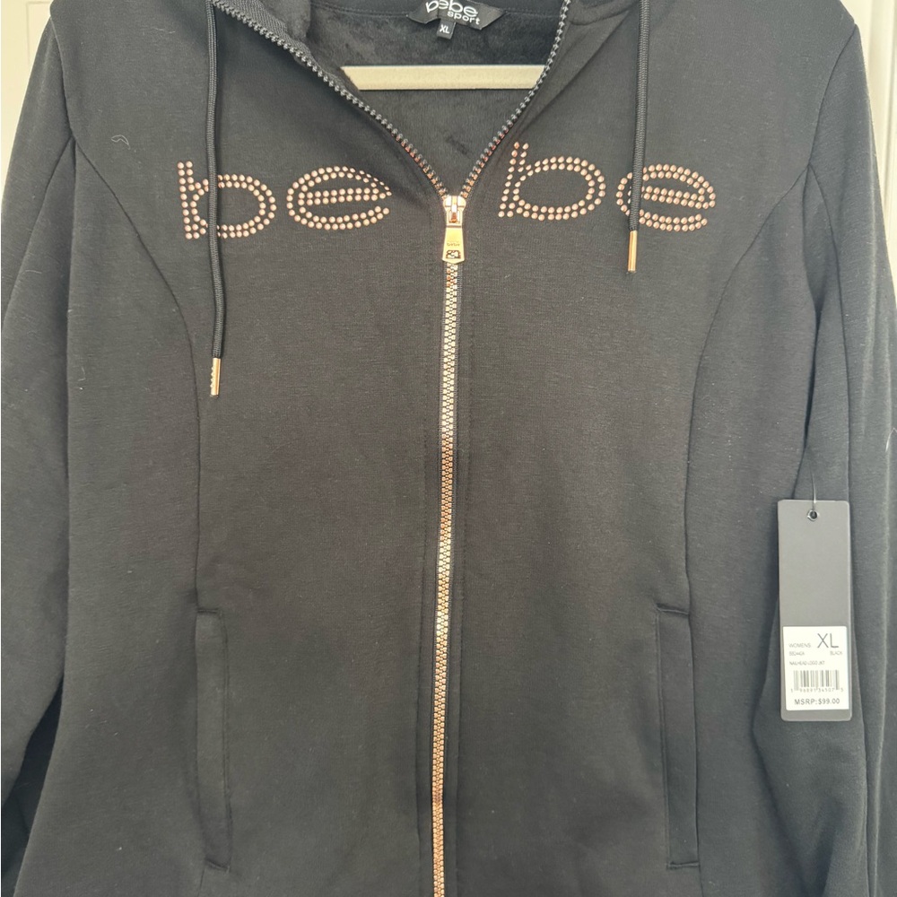 Bebe Black Bomber Jacket with Gold Accents